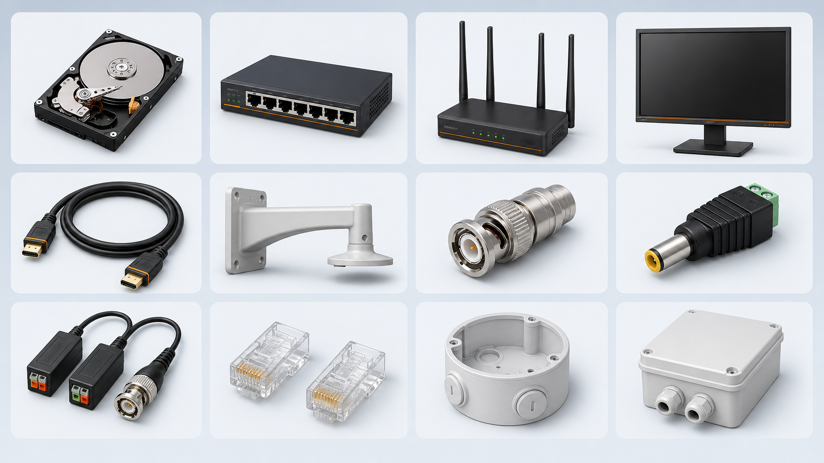 CCTV accessories including HDD, PoE switch, router, monitor, connectors and camera boxes