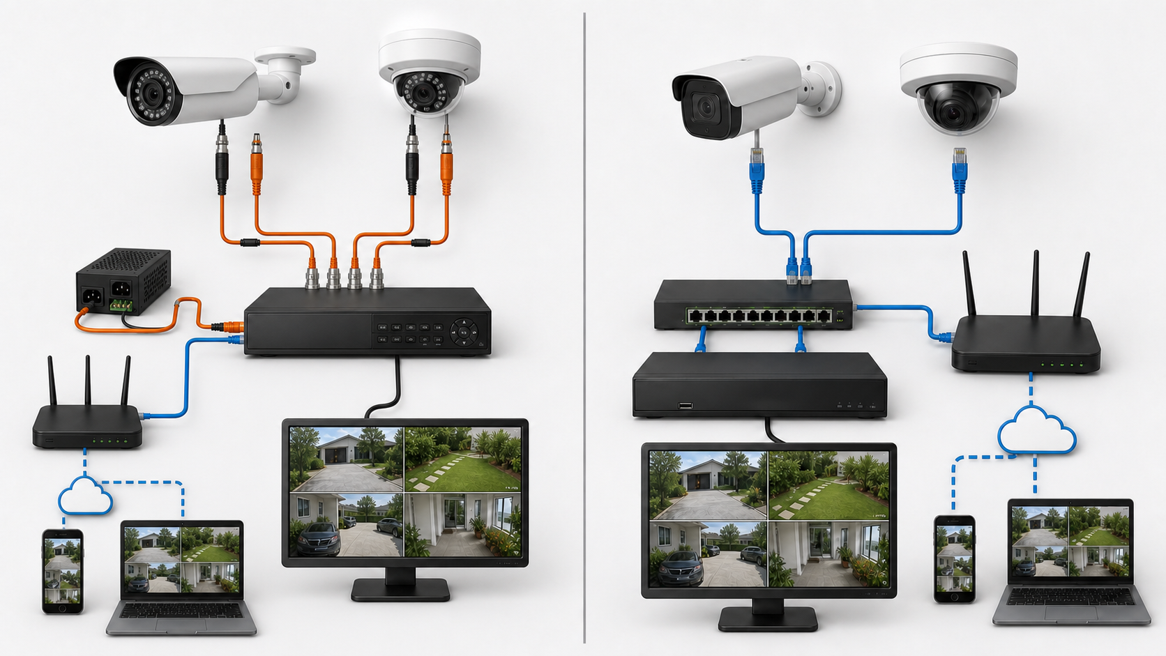 HD DVR and IP NVR CCTV systems both connected for mobile remote viewing