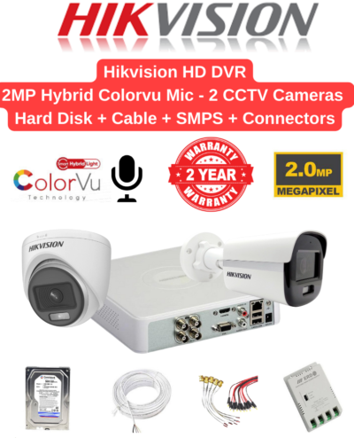 Hikvision 2MP 2 Cameras Audio Hybrid ColorVu Combo Full Set