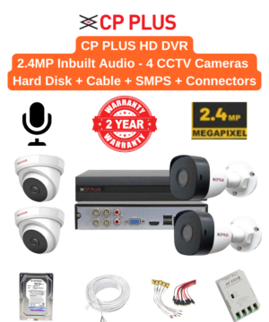 CP Plus 2.4MP 4 HD CCTV Cameras with Audio Combo - 4ch 2MP 1080N  DVR + 4nos - Dome/Bullet Cameras | 500GB HDD | 50meter Cable | BNC, DC, PVC Box, 4ch SMPS