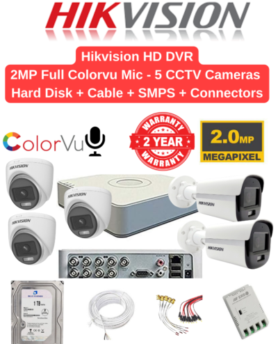 Hikvision 2MP 5 Cameras Audio 24hrs ColorVu Combo Full Set