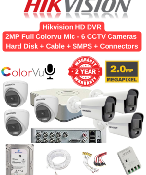 Hikvision 2MP 6 Cameras Audio 24hrs ColorVu Combo Full Set - 8ch 2MP Eco k1 DVR | 6nos - Dome/Bullet Cameras | 1TB HDD | 90meter Cable | BNC, DC, PVC Box | 8ch SMPS