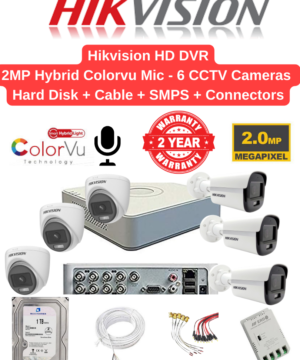 Hikvision 2MP 6 Cameras Audio Hybrid ColorVu Combo Full Set - 8ch 2MP Eco K1 DVR | 6nos - Dome/Bullet Cameras | 1TB HDD | 70meter Cable | BNC, DC, PVC Box | 8ch SMPS