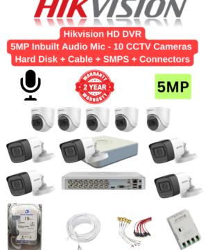 Hikvision 5MP 10 Cameras with Audio Combo – 16ch 4MP lite Acusense DVR | 10nos - Dome/Bullet Cameras | 2TB HDD | 180meter Cable | BNC, DC, PVC Box, 8ch SMPS