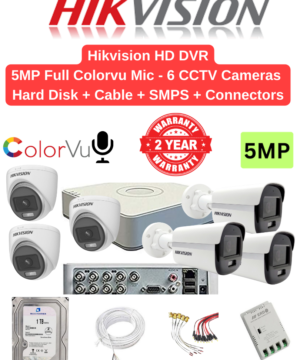 Hikvision 5MP 6 Cameras with Audio 24hrs Color Combo - 8ch 4MP lite Acusense DVR + 6nos - Dome/Bullet Cameras | 1TB HDD | 70meter Cable | BNC, DC, PVC Box, 8ch SMPS