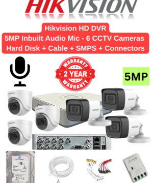 Hikvision 5MP 6 Cameras with Audio Combo – 8ch 4MP lite Acusense DVR | 6nos - Dome/Bullet Cameras | 1TB HDD | 70meter Cable | BNC, DC, PVC Box, 8ch SMPS