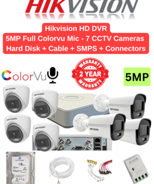 Hikvision 5MP 7 Cameras with Audio 24hrs Color Combo - 8ch 4MP lite Acusense DVR + 7nos - Dome/Bullet Cameras | 1TB HDD | 90meter Cable | BNC, DC, PVC Box, 8ch SMPS