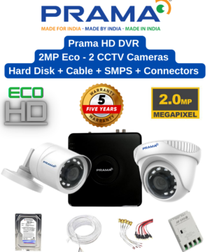 Prama 2MP Eco 2 Camera Combo Full Set - 4ch 2MP K1 Eco DVR | 2nos - Dome/Bullet Cameras | 500GB HDD | 30meter Cable | BNC, DC, PVC Box | 4ch SMPS