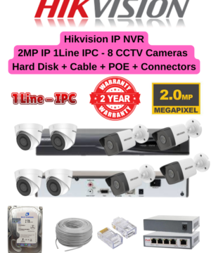 Hikvision 2MP IP 1-Line IPC 8 CCTV Cameras Combo – 16ch K1 NVR | 8nos – Dome/Bullet Cameras | 2TB HDD | 130meter Cat6 Cable | RJ45, PVC Box, 8 Port POE