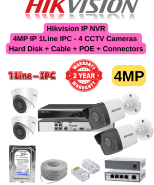 Hikvision 4MP IP 1-Line IPC 4 IP CCTV Cameras Combo – 4ch Q1 NVR | 4nos – 4MP Dome/Bullet IP Cameras | 500GB HDD | 50meter Cat6 Cable | RJ45, PVC Box, 4 Port POE