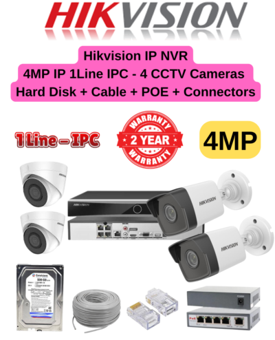 Hikvision 4MP IP 1-Line IPC 4 IP CCTV Cameras Combo – 4ch Q1 NVR | 4nos – 4MP Dome/Bullet IP Cameras | 500GB HDD | 50meter Cat6 Cable | RJ45, PVC Box, 4 Port POE