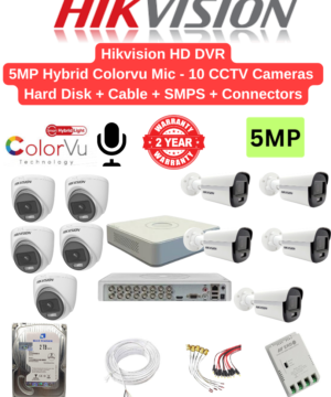 Hikvision 5MP 10 Cameras Hybrid Color Audio Combo – 16ch 4MP lite Acusense DVR | 10nos - Dome/Bullet Cameras | 2TB HDD | 180meter Cable | BNC, DC, PVC Box, 8ch SMPS