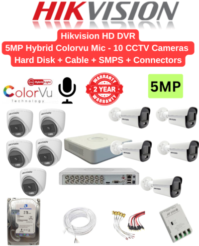 Hikvision 5MP 10 Cameras Hybrid Color Audio Combo – 16ch 4MP lite Acusense DVR | 10nos - Dome/Bullet Cameras | 2TB HDD | 180meter Cable | BNC, DC, PVC Box, 8ch SMPS