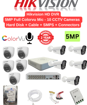 Hikvision 5MP 10 HD CCTV Cameras with Audio 24hrs Color Combo - 16ch 4MP lite Acusense DVR + 10nos - Dome/Bullet Cameras | 2TB HDD | 180meter Cable | BNC, DC, PVC Box, 16ch SMPS