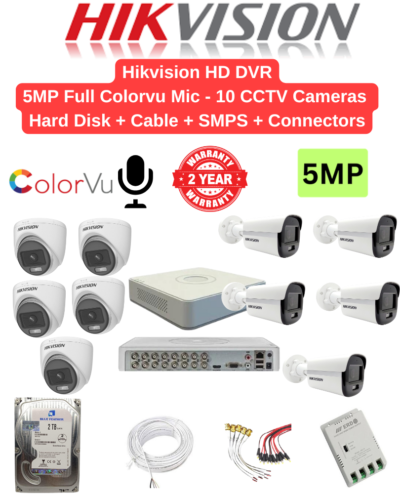 Hikvision 5MP 10 HD CCTV Cameras with Audio 24hrs Color Combo - 16ch 4MP lite Acusense DVR + 10nos - Dome/Bullet Cameras | 2TB HDD | 180meter Cable | BNC, DC, PVC Box, 16ch SMPS