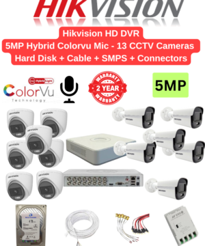 Hikvision 5MP 13 Cameras Hybrid Color Audio Combo – 16ch 4MP lite Acusense DVR | 13nos - Dome/Bullet Cameras | 4TB HDD | 250meter Cable | BNC, DC, PVC Box, 16ch SMPS