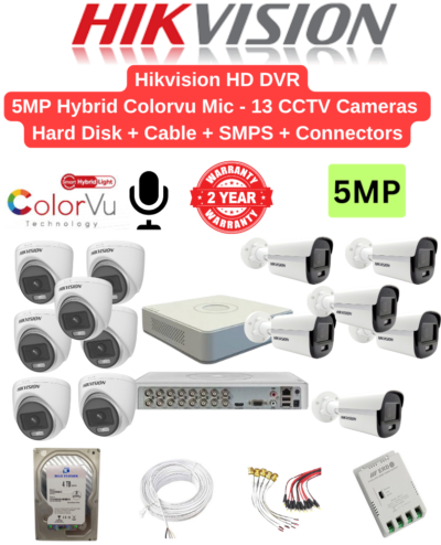 Hikvision 5MP 13 Cameras Hybrid Color Audio Combo – 16ch 4MP lite Acusense DVR | 13nos - Dome/Bullet Cameras | 4TB HDD | 250meter Cable | BNC, DC, PVC Box, 16ch SMPS