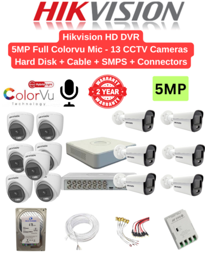 Hikvision 5MP 13 HD CCTV Cameras with Audio 24hrs Color Combo - 16ch 4MP lite Acusense DVR + 13nos - Dome/Bullet Cameras | 4TB HDD | 250meter Cable | BNC, DC, PVC Box, 16ch SMPS