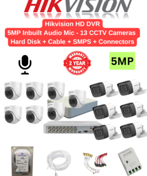 Hikvision 5MP 13 Cameras with Audio Combo – 16ch 4MP lite Acusense DVR | 13nos - Dome/Bullet Cameras | 4TB HDD | 250meter Cable | BNC, DC, PVC Box, 16ch SMPS