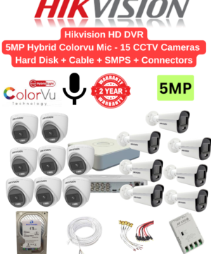 Hikvision 5MP 15 Cameras Hybrid Color Audio Combo – 16ch 4MP lite Acusense DVR | 16nos - Dome/Bullet Cameras | 4TB HDD | 280meter Cable | BNC, DC, PVC Box, 16ch SMPS