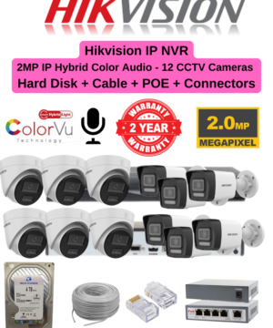 Hikvision 2MP IP 1-Line Hybrid Color Audio CCTV 12 Cameras Combo Full Set