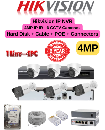 Hikvision 4MP IP 1-Line IPC CCTV 6 Cameras Combo Full Set