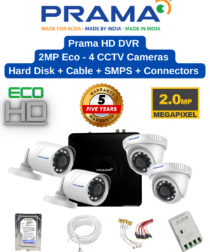 Prama 2MP Eco 4 Camera Combo Full Set - 4ch 2MP K1 Eco DVR | 4nos - Dome/Bullet Cameras | 500GB HDD | 50meter Cable | BNC, DC, PVC Box | 4ch SMPS