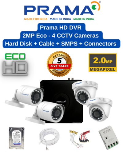 Prama 2MP Eco 4 Camera Combo Full Set - 4ch 2MP K1 Eco DVR | 4nos - Dome/Bullet Cameras | 500GB HDD | 50meter Cable | BNC, DC, PVC Box | 4ch SMPS