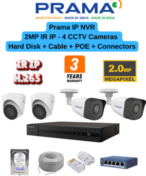 Prama 2MP H.265 IR IP Camera 4 CCTV Cameras Combo – 4ch Q1 Mini NVR | 4nos – Dome/Bullet Cameras | 500GB HDD | 50meter Cable | RJ45, PVC Box, 4 Port POE