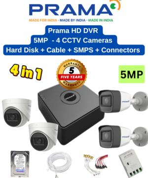 Prama 5MP 4 Camera Combo Full Set – 4ch 5MP Lite K1 DVR | 4nos – Dome/Bullet Cameras | 500GB HDD | 50meter Cable | BNC, DC, PVC Box | 4ch SMPS