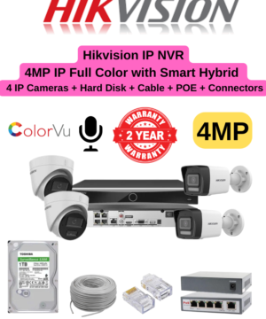 Hikvision 4MP IP 1-Line IPC 4 IP CCTV Cameras Combo – 4ch Q1 NVR | 4nos – 4MP  Color Smart Hybrid Dome/Bullet IP Cameras | 1TB HDD | 100meter Cat6 Cable | RJ45, PVC Box, 4 Port POE