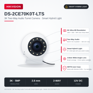 Hikvision 3K Two-Way Audio Turret Camera | Talk Through Camera | Smart Hybrid Light | 2 Year Warranty | DS-2CE70K0T-LTS