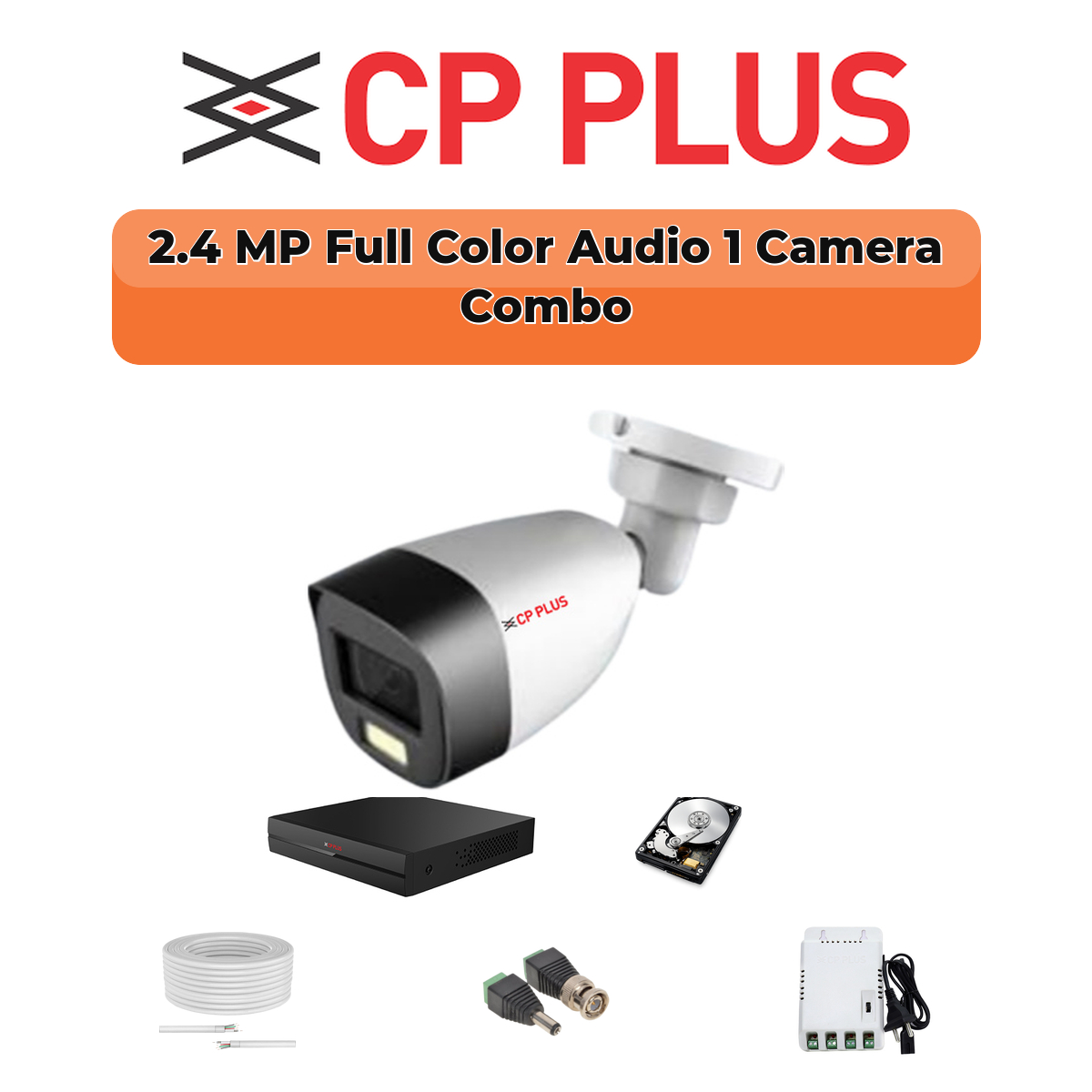 CP Plus 1 Camera 2.4MP HD CCTV Combo Kit | Guard+ Full Colour + Mic | 4CH XVR / DVR | 1×500GB HDD 1 CP PLUS CP Plus 1 Camera 2.4MP Guard+ Full Color CCTV Combo Kit | 500GB HDD