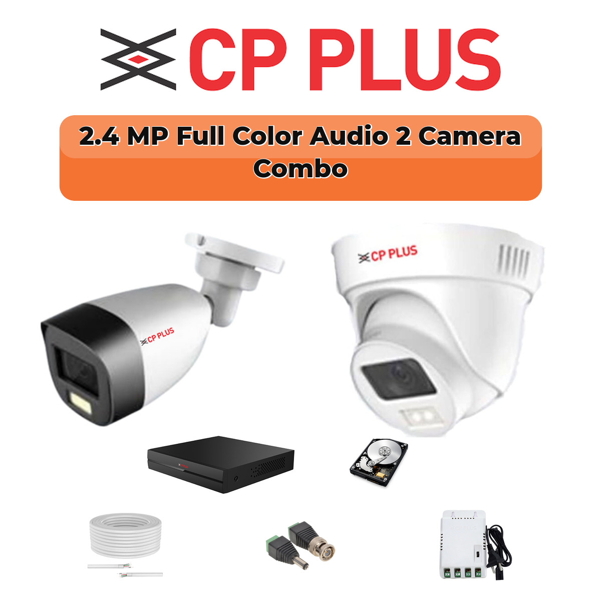 CP Plus 2 Camera 2.4MP HD CCTV Combo Kit | Guard+ Full Colour + Mic | 4CH XVR / DVR | 1ร500GB HDD 1 CP PLUS CP Plus 2 Camera 2.4MP Guard+ Full Color CCTV Combo Kit | 500GB HDD