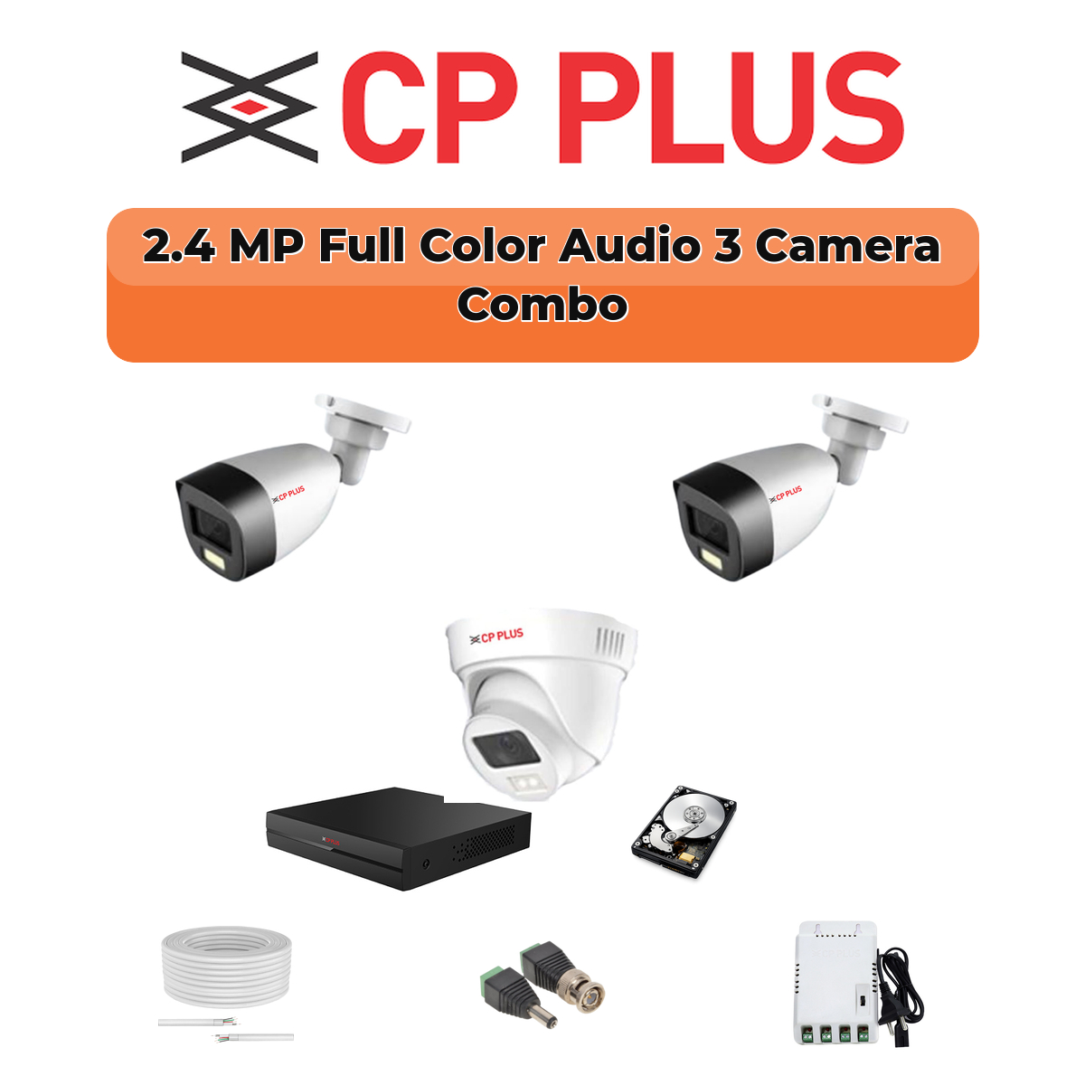 CP Plus 3 Camera 2.4MP HD CCTV Combo Kit | Guard+ Full Colour + Mic | 4CH XVR / DVR | 1ร500GB HDD 1 CP PLUS CP Plus 3 Camera 2.4MP Guard+ Full Color CCTV Combo Kit | 500GB HDD