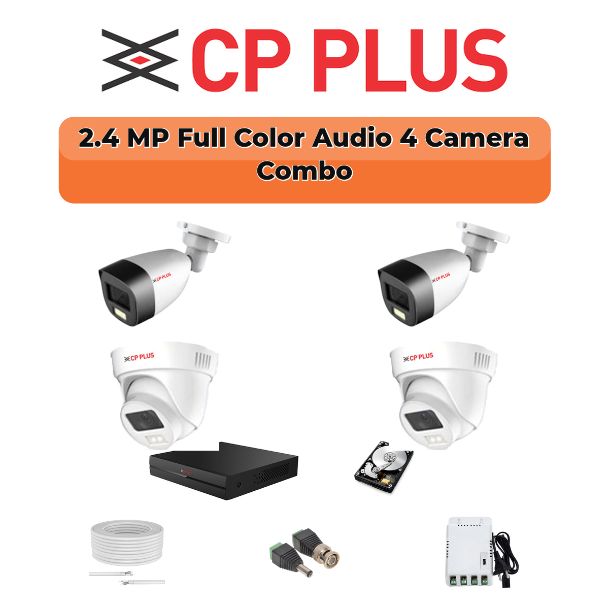CP Plus 4 Camera 2.4MP HD CCTV Combo Kit | Guard+ Full Colour + Mic | 4CH XVR / DVR | 1ร500GB HDD 1 CP PLUS CP Plus 4 Camera 2.4MP Guard+ Full Color CCTV Combo Kit | 500GB HDD