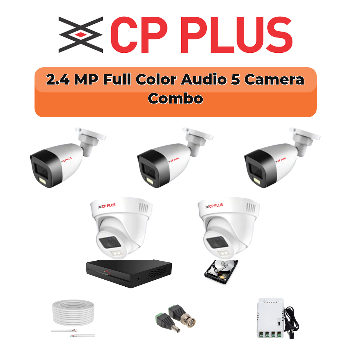 CP Plus 5 Camera 2.4MP HD CCTV Combo Kit | Guard+ Full Colour + Mic | 8CH XVR / DVR | 1×1TB HDD 1 CP PLUS CP Plus 5 Camera 2.4MP Guard+ Full Color CCTV Combo Kit | 8-Channel DVR | 500GB HDD