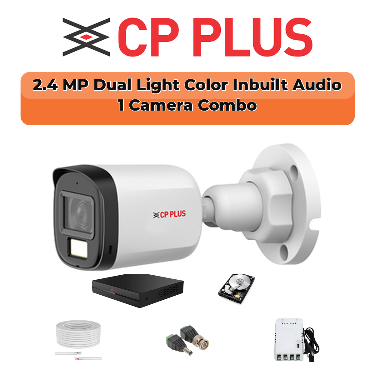 CP Plus 1 Camera 2.4MP HD CCTV Combo Kit | Dual Light + Mic | 4CH XVR / DVR | 1×500GB HDD 1 CP PLUS CP Plus 1-Camera 2.4MP Dual Light Audio Kit | Smart Hybrid Color | 500GB HDD | Customizable