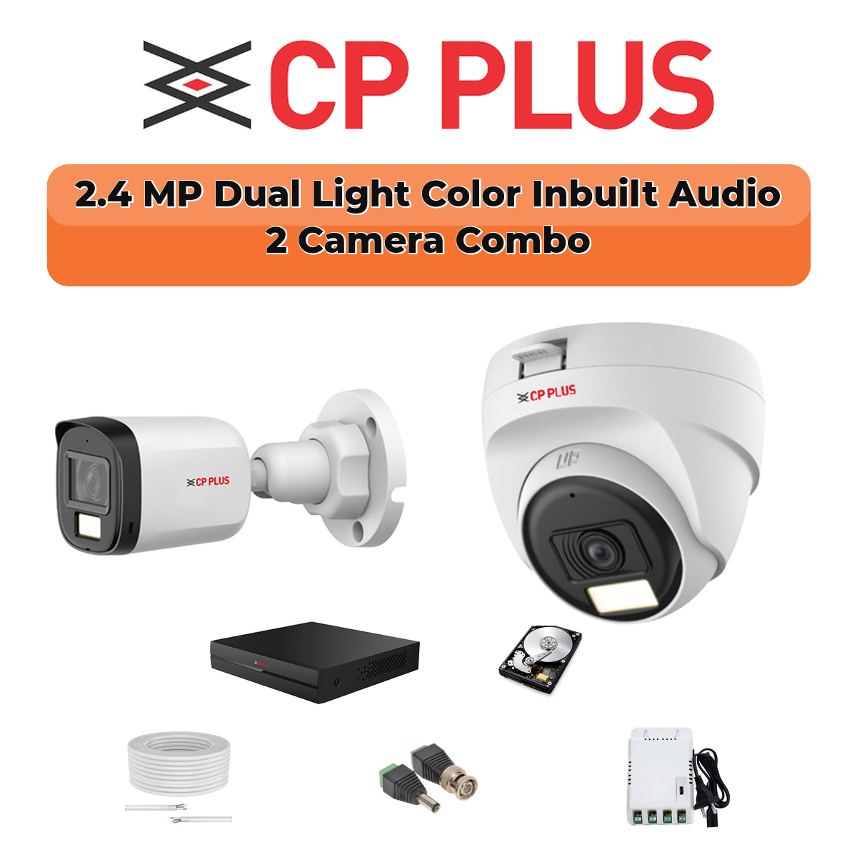 CP Plus 2 Camera 2.4MP HD CCTV Combo Kit | Dual Light + Mic | 4CH XVR / DVR | 1ร500GB HDD 1 CP PLUS CP Plus 2-Camera 2.4MP Dual Light Audio Kit | 4-CH DVR | 500GB HDD | Customizable