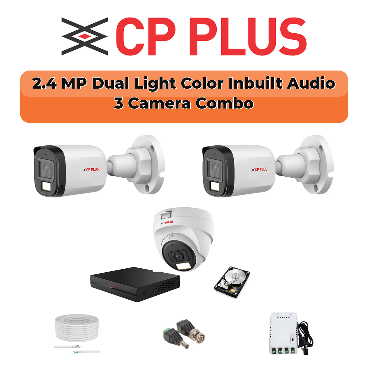 CP Plus 3 Camera 2.4MP HD CCTV Combo Kit | Dual Light + Mic | 4CH XVR / DVR | 1×500GB HDD 1 CP PLUS CP Plus 3-Camera 2.4MP Dual Light Audio Kit | 4-CH DVR | 500GB HDD | Customizable