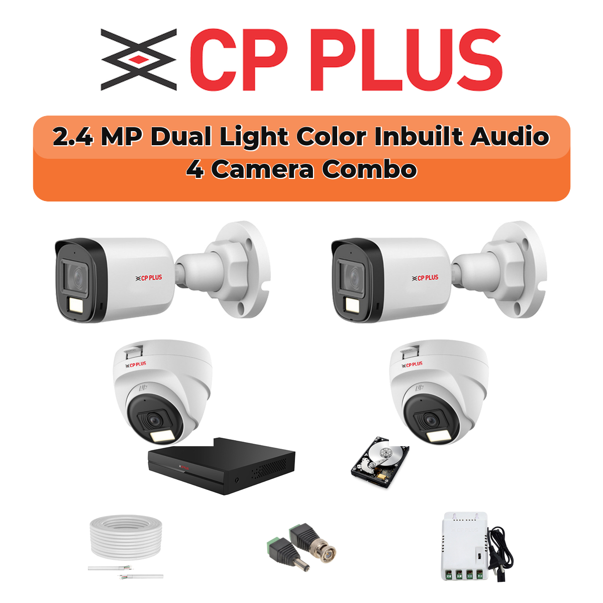 CP Plus 4 Camera 2.4MP HD CCTV Combo Kit | Dual Light + Mic | 4CH XVR / DVR | 1ร500GB HDD 1 CP PLUS CP Plus 4-Camera 2.4MP Dual Light Audio Kit | 4-CH DVR | 500GB HDD | Customizable