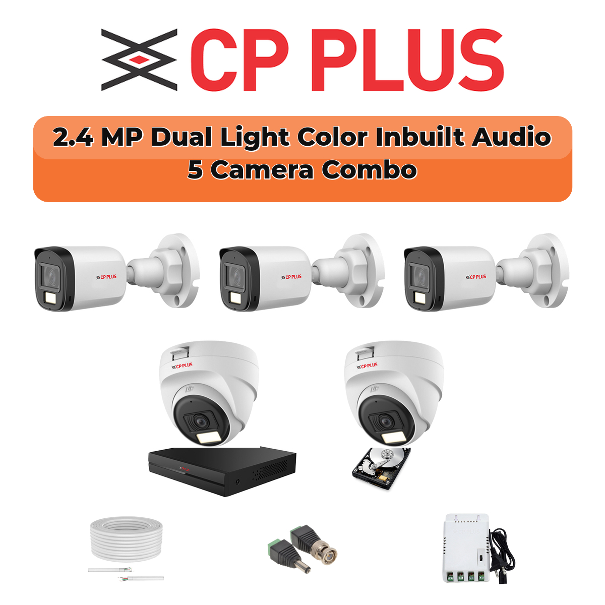 CP Plus 5 Camera 2.4MP HD CCTV Combo Kit | Dual Light + Mic | 8CH XVR / DVR | 1×1TB HDD 1 CP PLUS CP Plus 5-Camera 2.4MP Dual Light Audio Kit | 8-CH DVR | 500GB HDD | Customizable