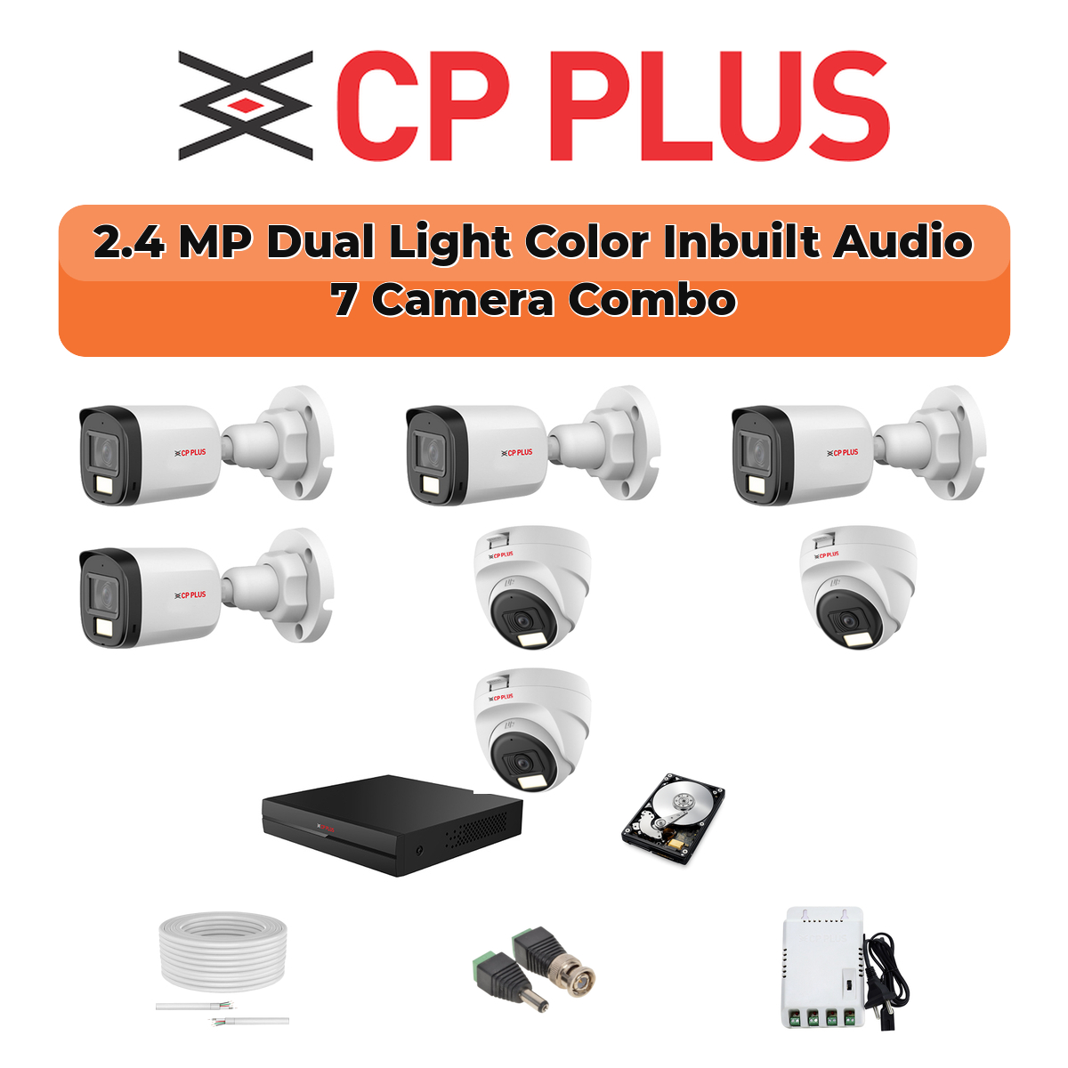 CP Plus 7 Camera 2.4MP HD CCTV Combo Kit | Dual Light + Mic | 8CH XVR / DVR | 1×1TB HDD 1 CP PLUS CP Plus 7-Camera 2.4MP Dual Light Audio Kit | 8-CH DVR | 1TB HDD | Customizable