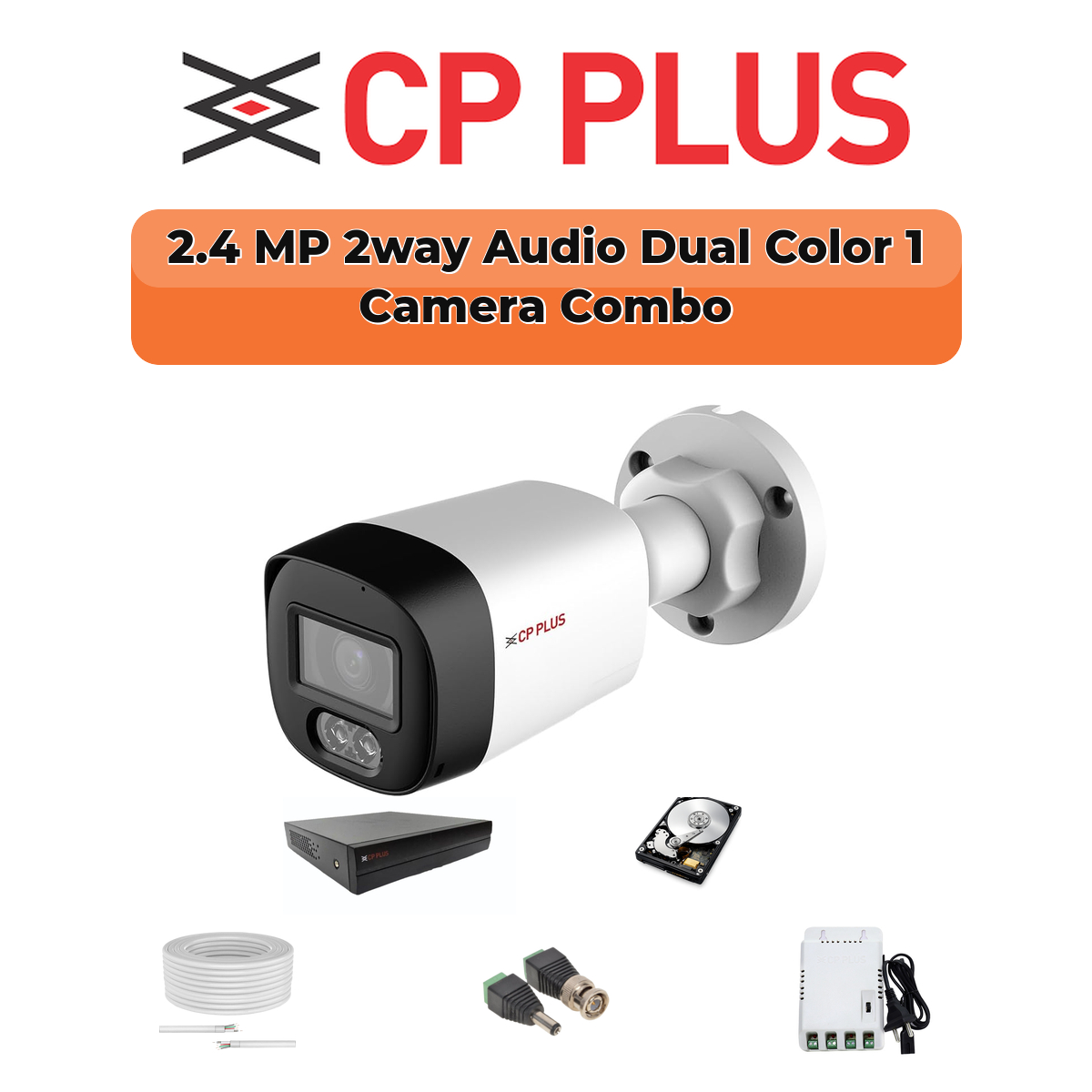 CP Plus 1 Camera 2.4MP HD CCTV Combo Kit | Two-Way Talk + Dual Light | 4CH XVR / DVR | 1×500GB HDD 1 CP PLUS CP Plus 1-Camera 2.4MP Smart Dual Light Audio Kit | 500GB HDD | Customizable