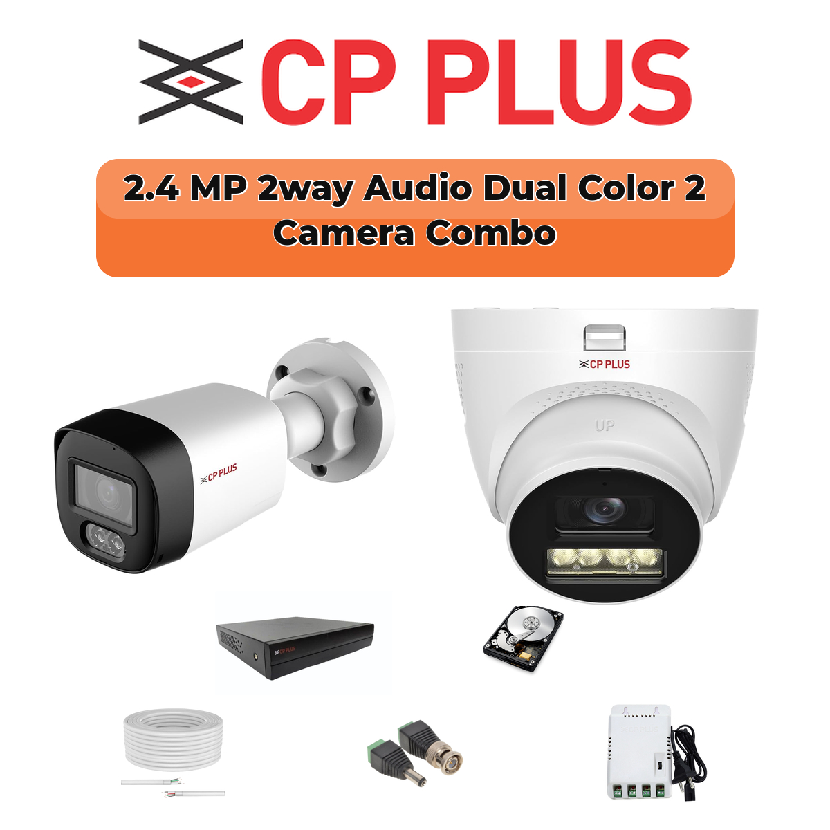CP Plus 2 Camera 2.4MP HD CCTV Combo Kit | Two-Way Talk + Dual Light | 4CH XVR / DVR | 1×500GB HDD 1 CP PLUS CP Plus 2-Camera 2.4MP Two-Way Audio Security Kit | 500GB HDD | Customizable