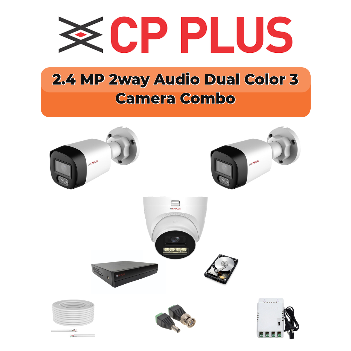 CP Plus 3 Camera 2.4MP HD CCTV Combo Kit | Two-Way Talk + Dual Light | 4CH XVR / DVR | 1×500GB HDD 1 CP PLUS CP Plus 3-Camera 2.4MP Two-Way Audio Security Kit | 500GB HDD | Customizable