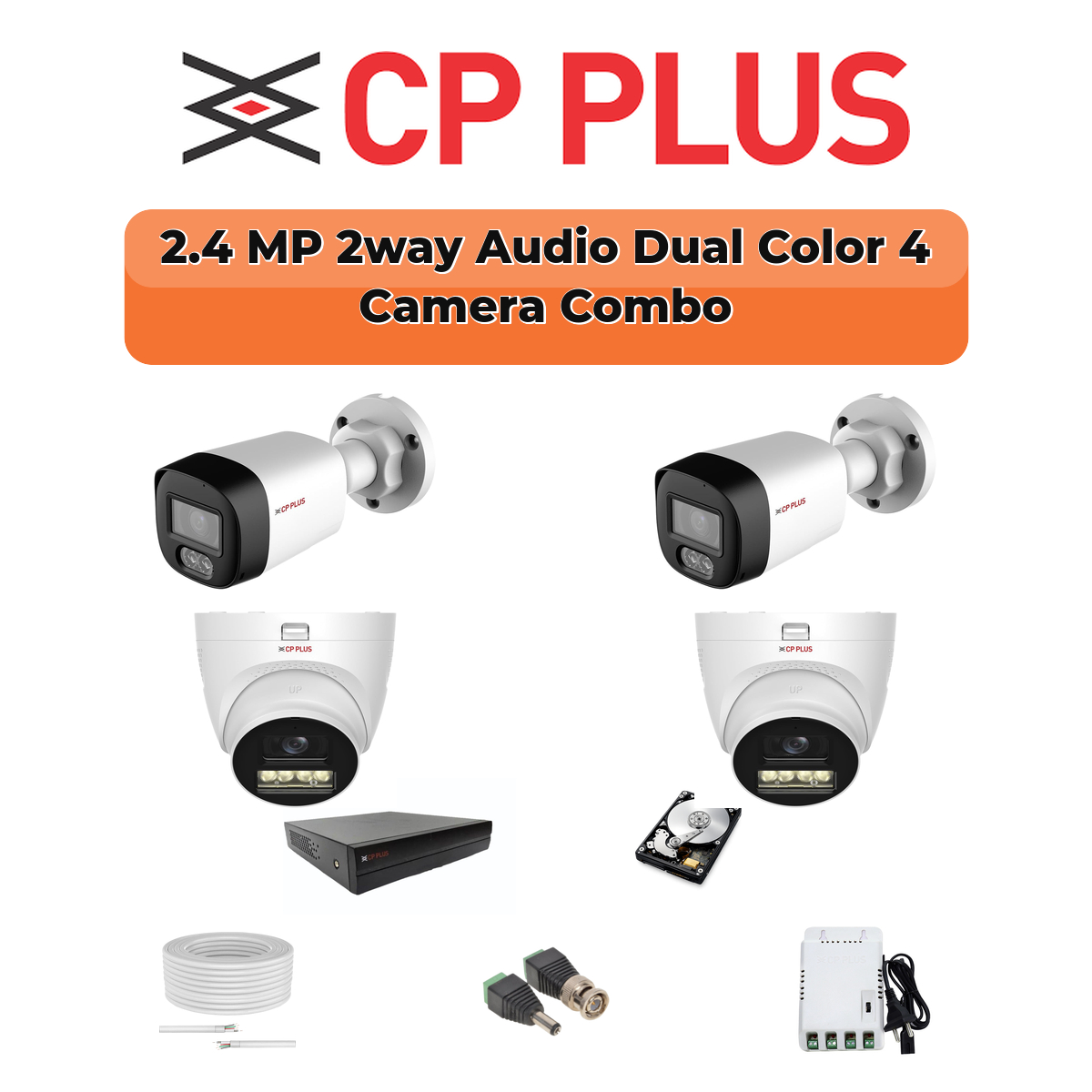 CP Plus 4 Camera 2.4MP HD CCTV Combo Kit | Two-Way Talk + Dual Light | 4CH XVR / DVR | 1×500GB HDD 1 CP PLUS CP Plus 4-Camera 2.4MP Two-Way Audio Security Kit | Smart Dual Light | 500GB HDD | Customizable