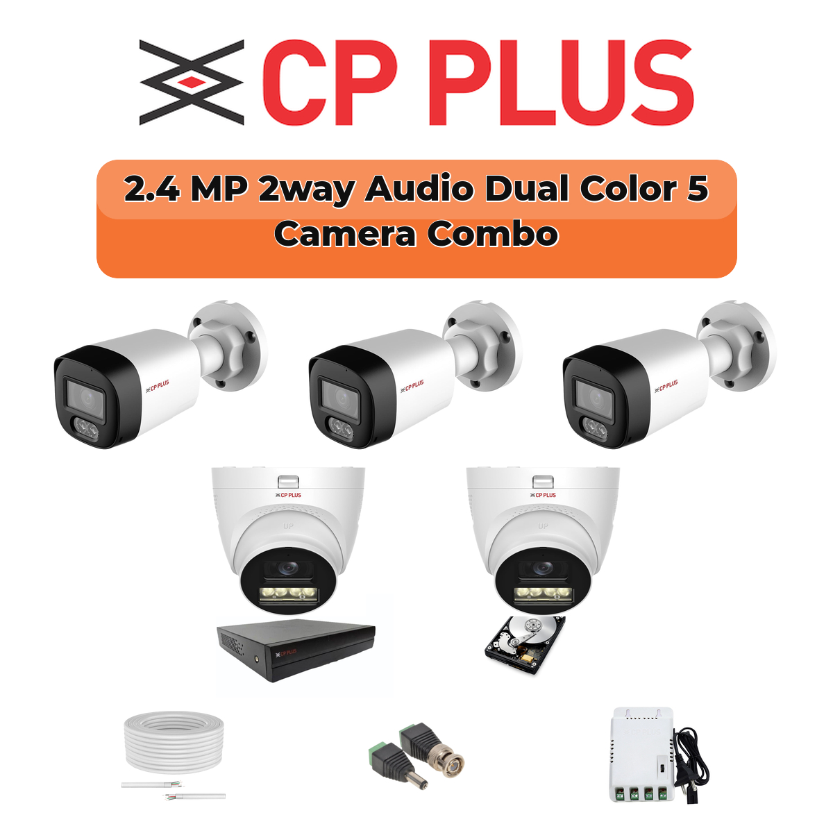 CP Plus 5 Camera 2.4MP HD CCTV Combo Kit | Two-Way Talk + Dual Light | 8CH XVR / DVR | 1×1TB HDD 1 CP PLUS CP Plus 5-Camera 2.4MP Two-Way Audio Security Kit | 8-CH DVR | 500GB HDD | Customizable