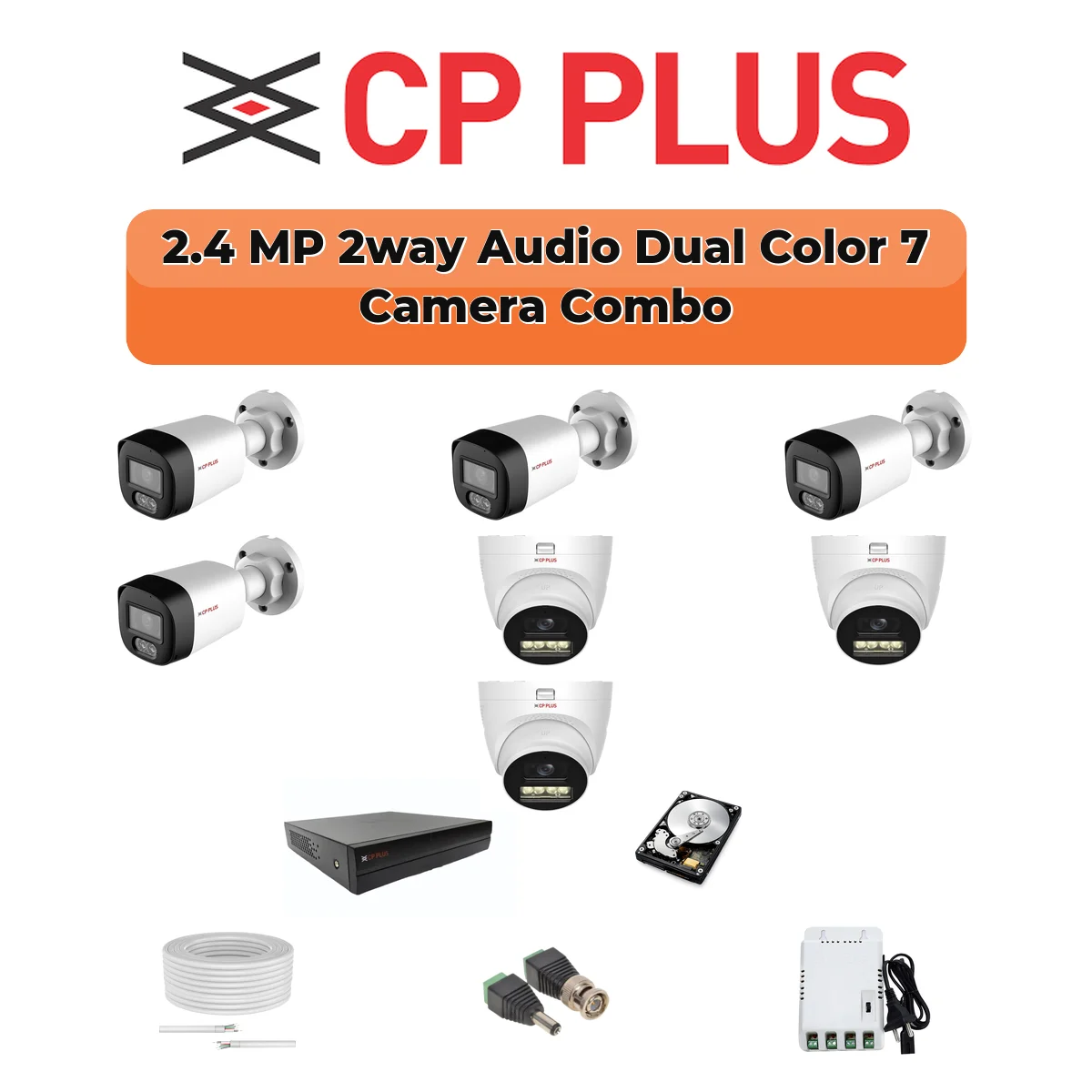 CP Plus 7 Camera 2.4MP HD CCTV Combo Kit | Two-Way Talk + Dual Light | 8CH XVR / DVR | 1×1TB HDD 1 CP PLUS CP Plus 7-Camera 2.4MP Two-Way Audio Security Kit | 8-CH DVR | 1TB HDD | Customizable
