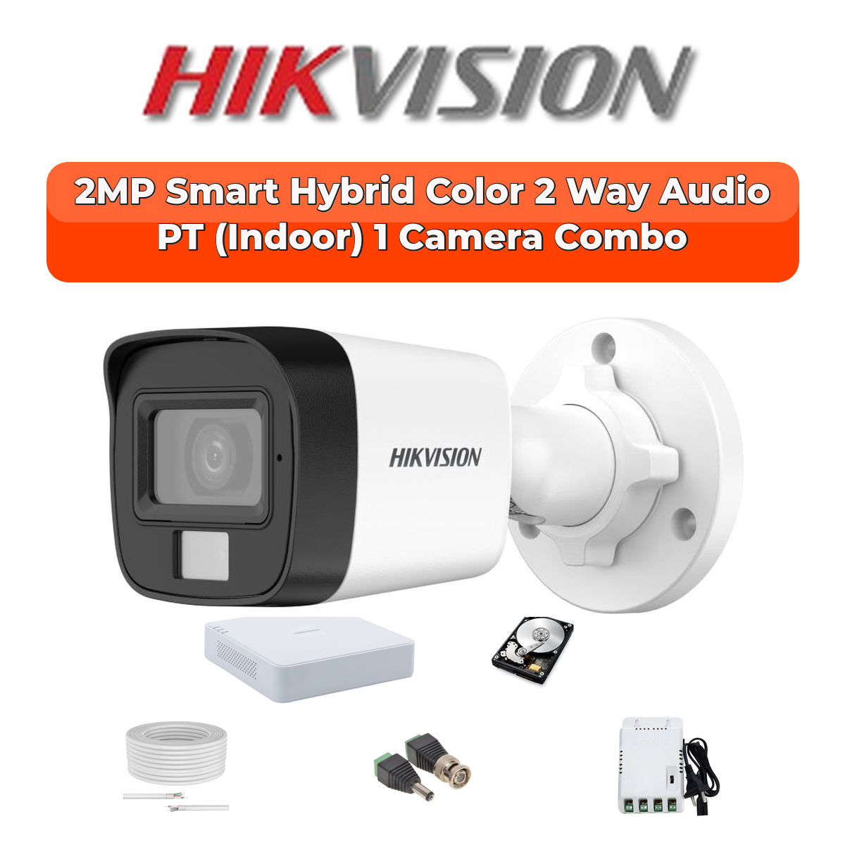 Hikvision 1 Camera 2MP HD CCTV Combo Kit | Two-Way Audio + Hybrid Light | 4CH XVR / DVR | 1ร500GB HDD 1 Hikvision Hikvision 1-Camera 2MP Two-Way Audio Security Kit | Smart Hybrid Light | 500GB HDD | Customizable